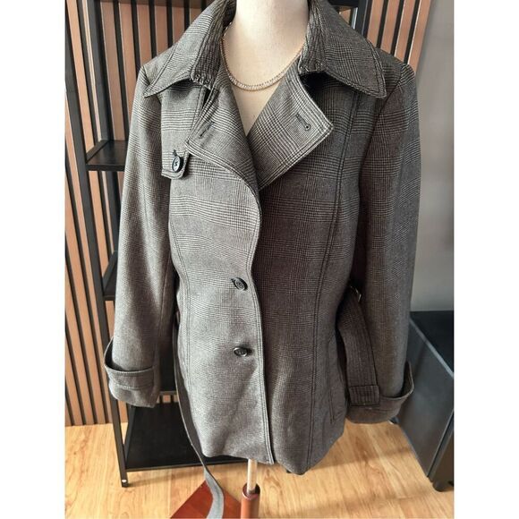 BANANA REPUBLIC Women's Belted Houndstooth Lined Mid Length Fall Coat sz L - Picture 3 of 7